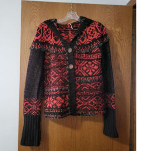 Free People Aztec Boho Western Y2K Button Red Brown Hooded Sweater GUC Large